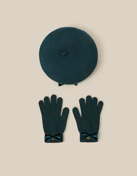 Velvet Bow Beret & Gloves Set, Green (GREEN), large