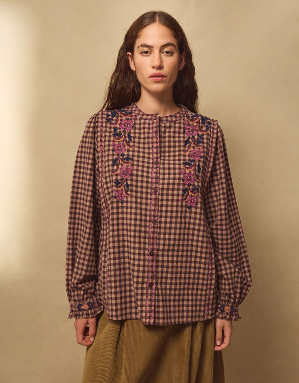 East Freya Embroidered Check Blouse, Brown (BROWN), large
