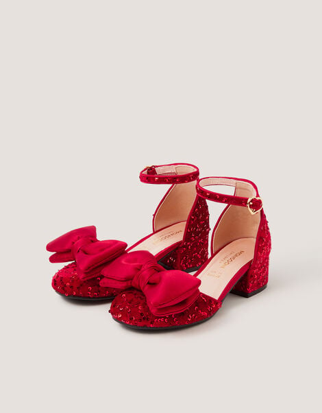 Bow Sequin Velvet Two-Part Heels, Red (RED), large