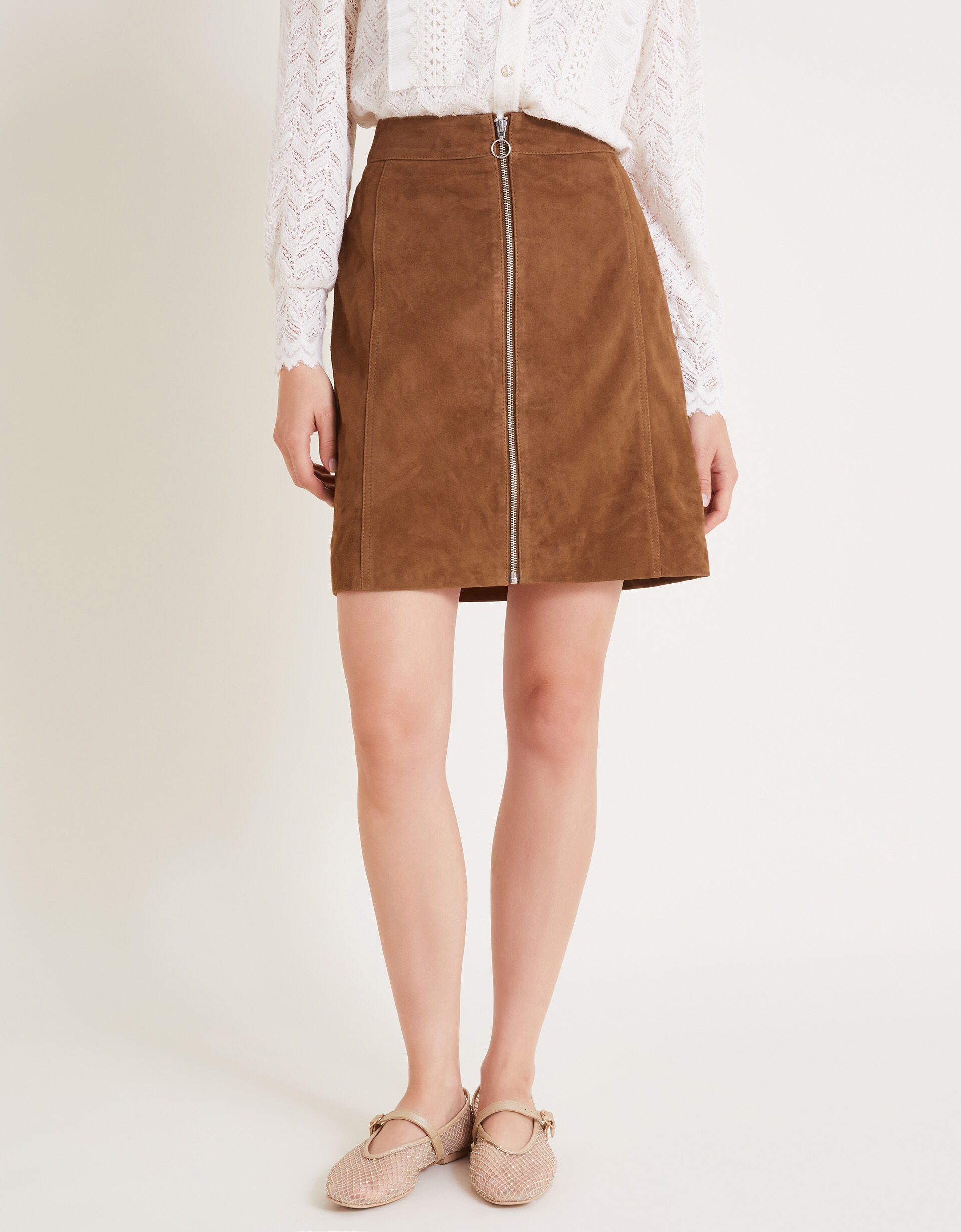 Tan mini skirt suede top