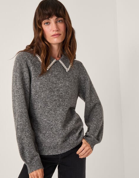 Caryn Embellished Collar Jumper, Grey (GREY), large