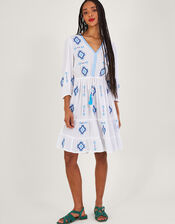 Geometric Diamond Embroidered Kaftan Dress in LENZING™ ECOVERO™, White (WHITE), large