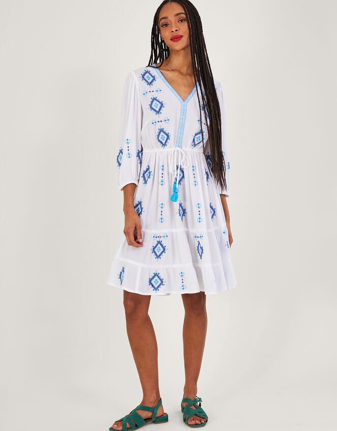 Geometric Diamond Embroidered Kaftan Dress in LENZING™ ECOVERO™, White (WHITE), large