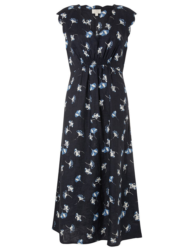 Floral Midi Dress in Pure Linen, Blue (NAVY), large