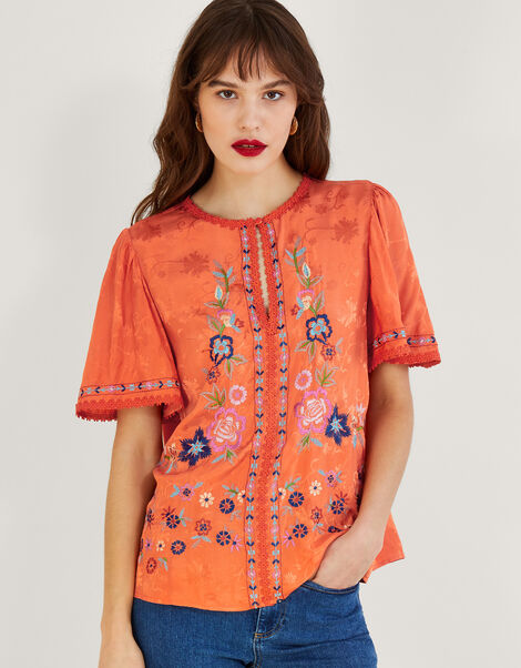 Odelia Embroidered Floral Top in Sustainable Viscose, Orange (ORANGE), large