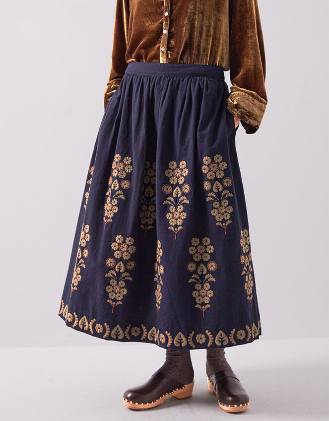 East Sophia Floral Embroidered Midi Skirt, Blue (NAVY), large