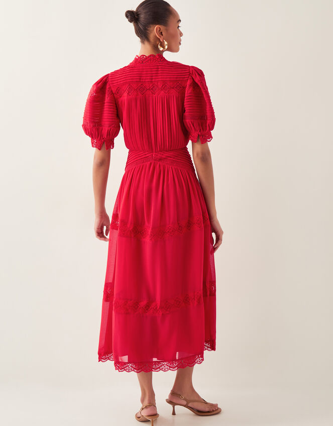 Kiana Pintuck Puff-Sleeve Midi Dress, Red (RED), large