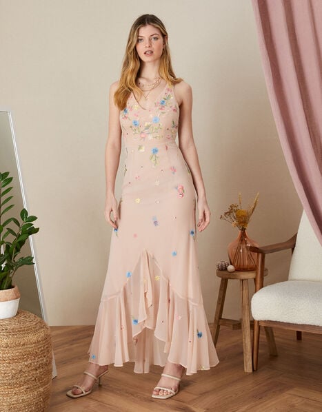 Abigail Embroidered Frill Maxi Dress Nude, Nude (NUDE), large