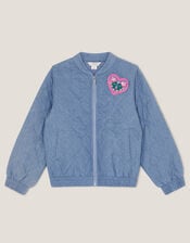 Heart Quilted Chambray Bomber Jacket, Blue (BLUE), large
