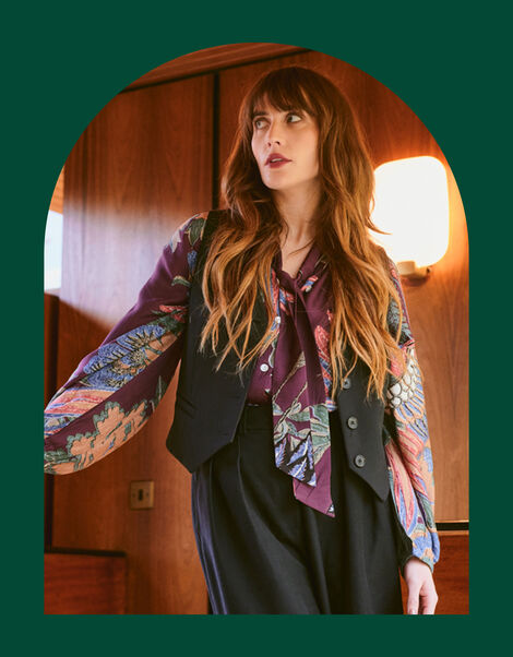 One Hundred Stars Crane Print Pussybow Blouse, Purple (PLUM), large