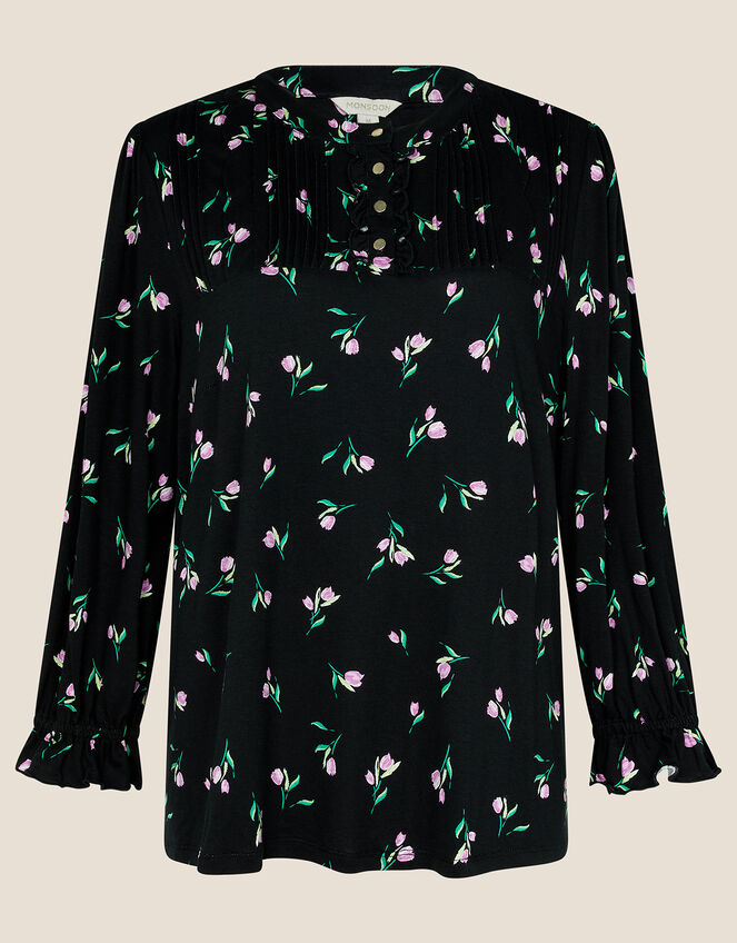 Print Scallop Floral Jersey Blouse, Black (BLACK), large