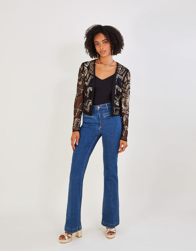 Finnley Sheer Sleeve Embellished Jacket, Black (BLACK), large