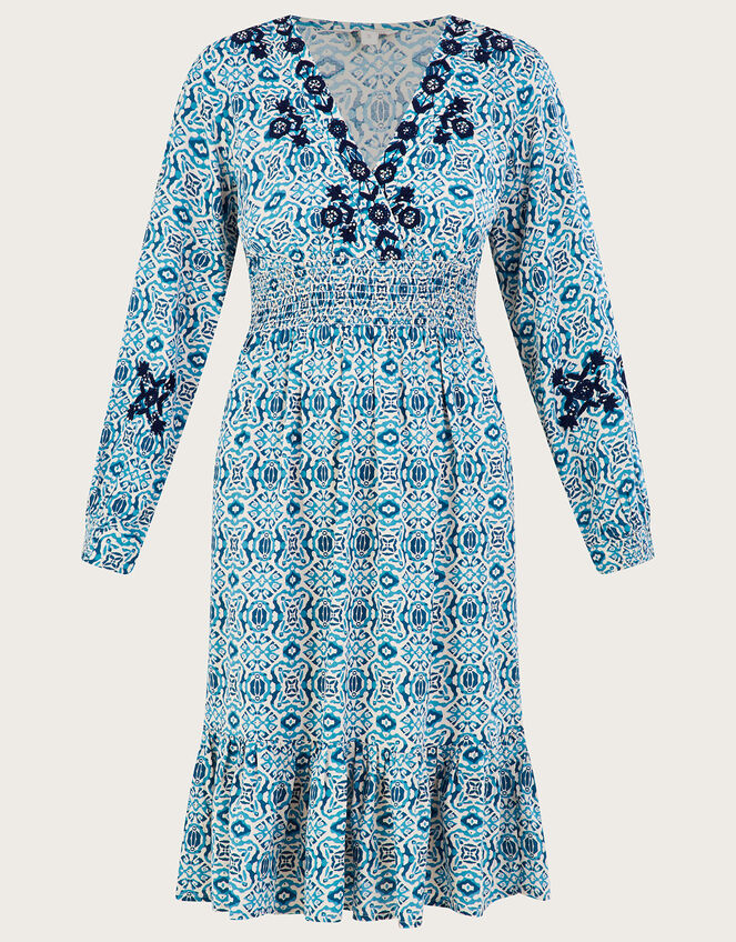 Faye Geometric Print Embroidered Dress in LENZING™ ECOVERO™, Blue (BLUE), large
