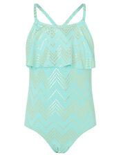 Chevron Foil Frill Swimsuit, Blue (TURQUOISE), large