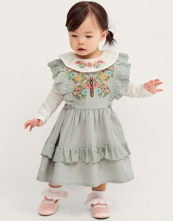 Baby Butterfly Embroidered Pinafore Dress & Top Set, Green (GREEN), large