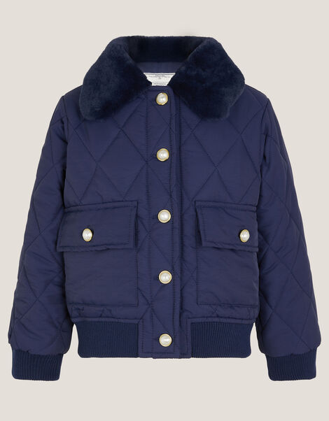 Faux Fur Collar Quilted Bomber Jacket, Blue (NAVY), large