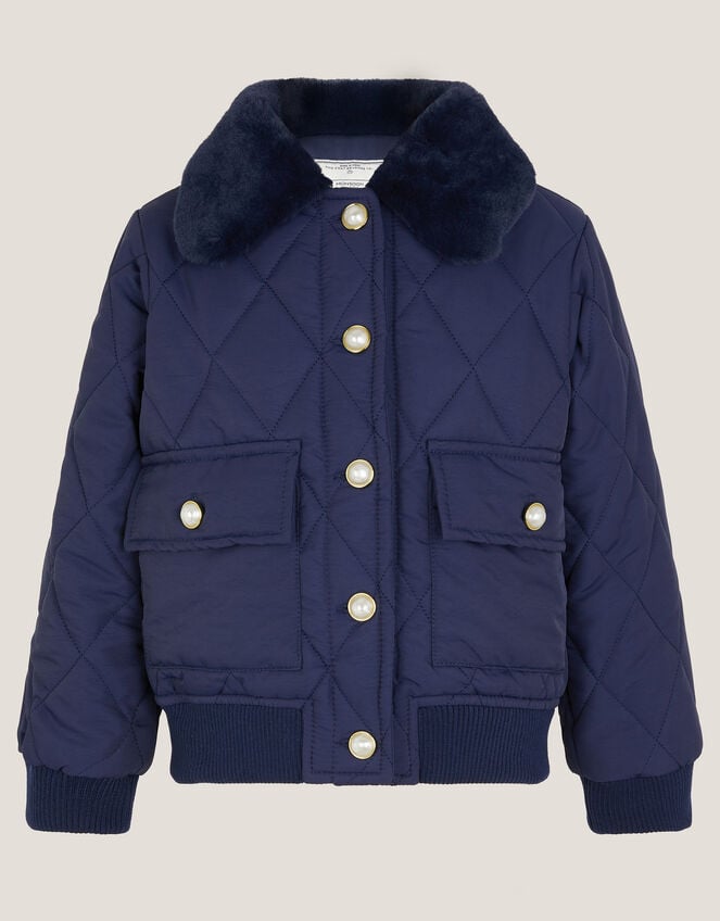Faux Fur Collar Quilted Bomber Jacket, Blue (NAVY), large
