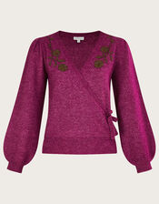 Beaded Flower Wrap Jumper with Recycled Polyester, Red (BERRY), large