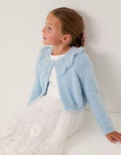 Embellished Collar Fuzzy Cardigan, Blue (BLUE), large