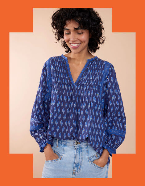 East Harriet Print Top, Blue (NAVY), large