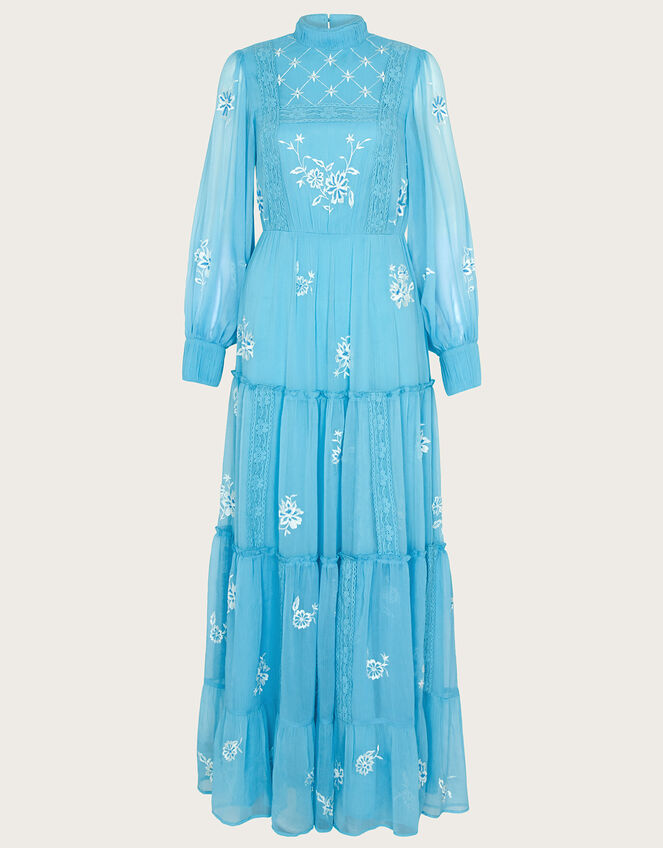 Maddie Embroidered Maxi Dress in Recycled Polyester, Blue (AQUA), large