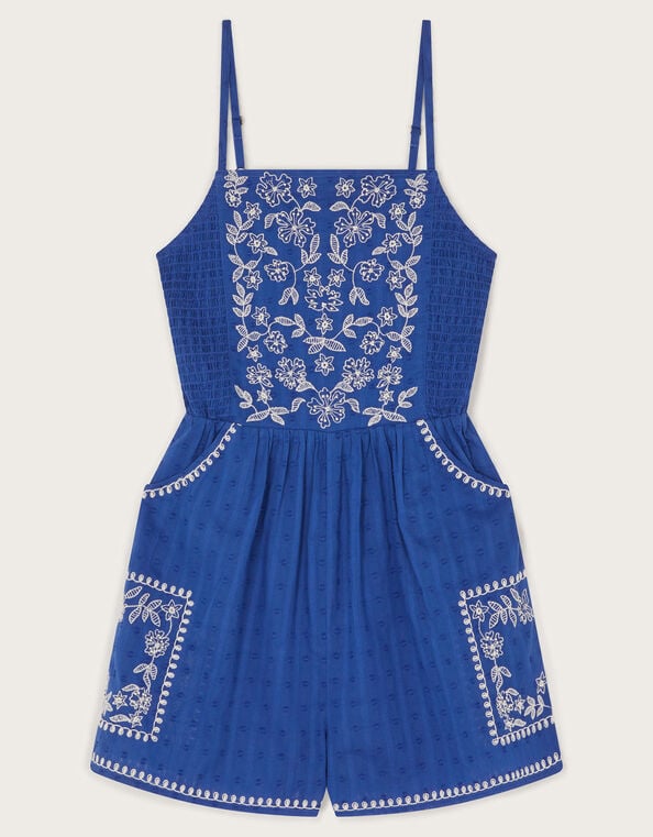 Floral Embroidered Strappy Playsuit, Blue (BLUE), large