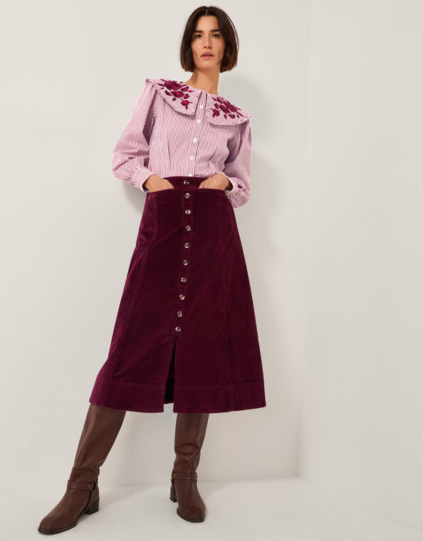 Jamie Button Corduroy Midi Skirt, Red (BURGUNDY), large