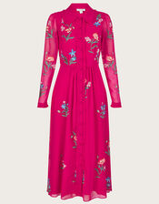 Mara Embroidered Shirt Dress in Recycled Polyester, Pink (PINK), large