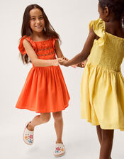 Smocked Square Neck Dress, Orange (ORANGE), large