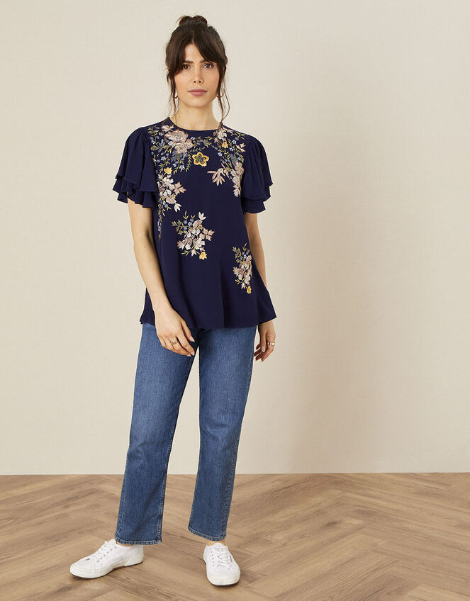 Floral Embroidered Top, Blue (NAVY), large