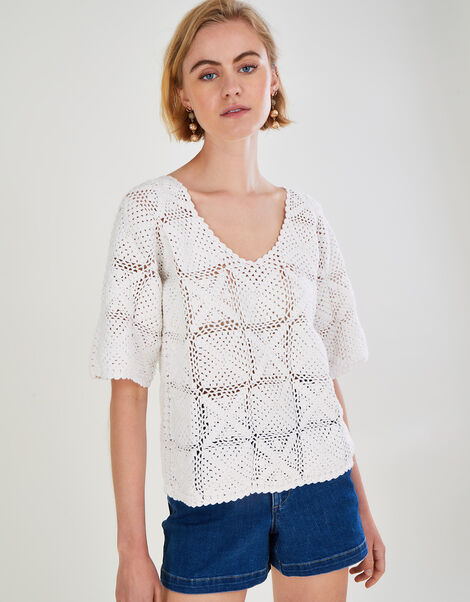 Crochet V-Front V-Back Jumper in Sustainable Cotton Natural, Natural (NATURAL), large