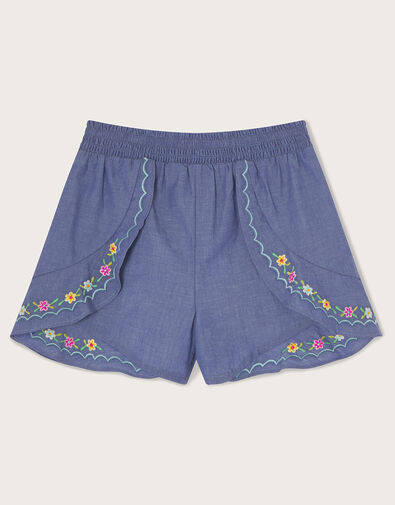 Chambray Shirred Stitch Shorts , Blue (BLUE), large