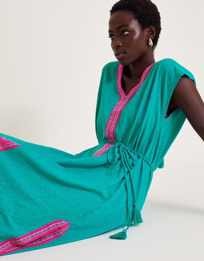 Estela Embroidered Jersey Kaftan Dress, Teal (TEAL), large