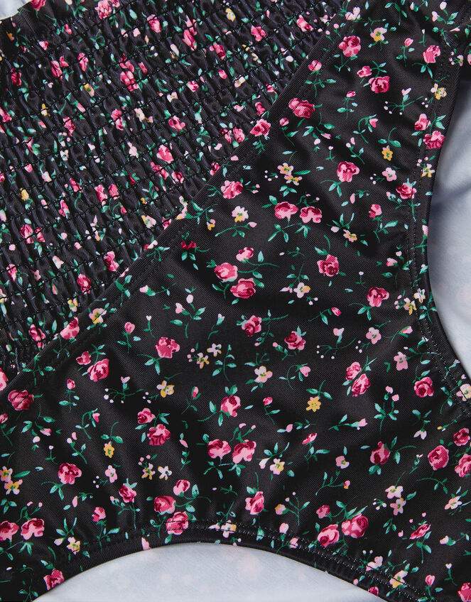 Ditsy Floral Smocked Bikini Set, Black (BLACK), large