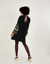 Nikki Velvet Embroidered Tunic Dress, Black (BLACK), large