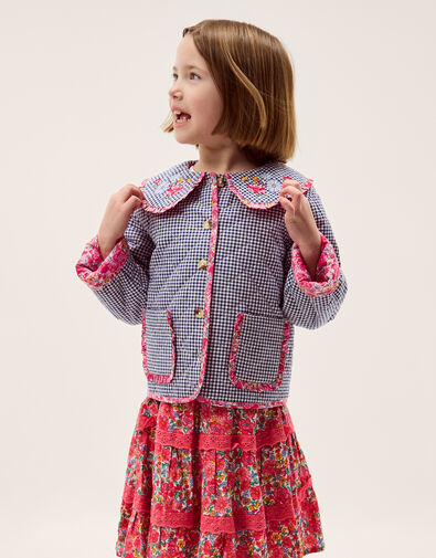 Floral Print Gingham Jacket, Blue (NAVY), large