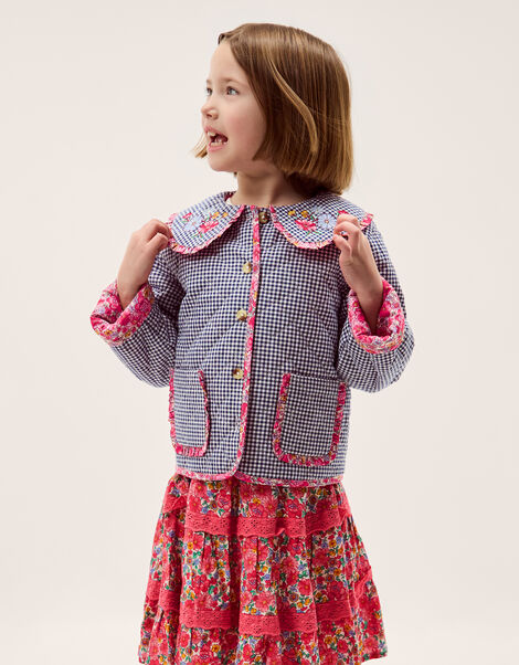 Floral Print Gingham Jacket, Blue (NAVY), large