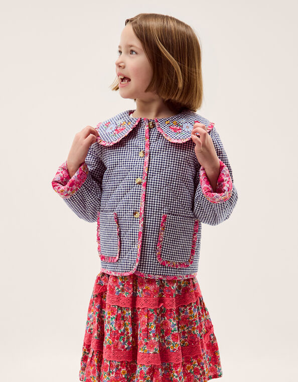 Floral Print Gingham Jacket, Blue (NAVY), large