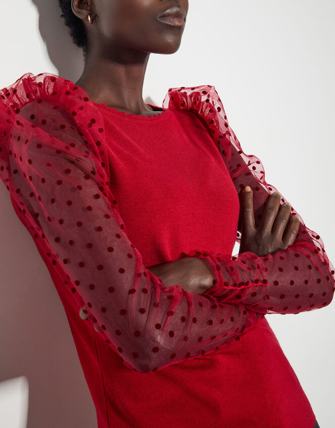 Mimi Polka Dot Sleeve Jumper, Red (RED), large