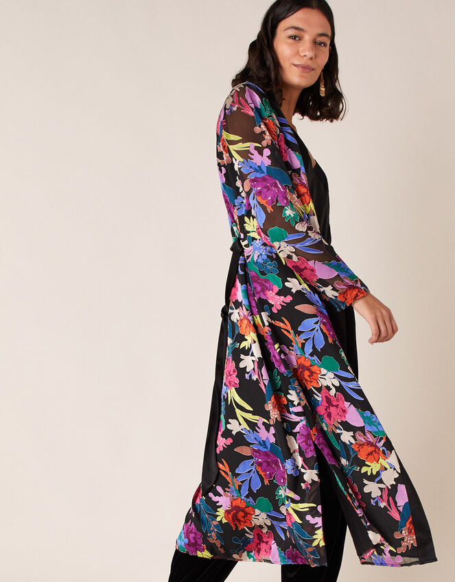 Burnout Floral Print Satin Kimono, Black (BLACK), large