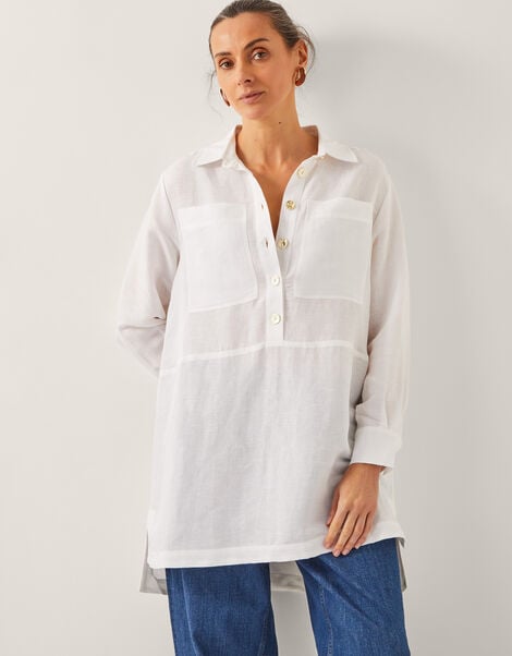 Tatiana Linen Blend Tunic Shirt, White (WHITE), large