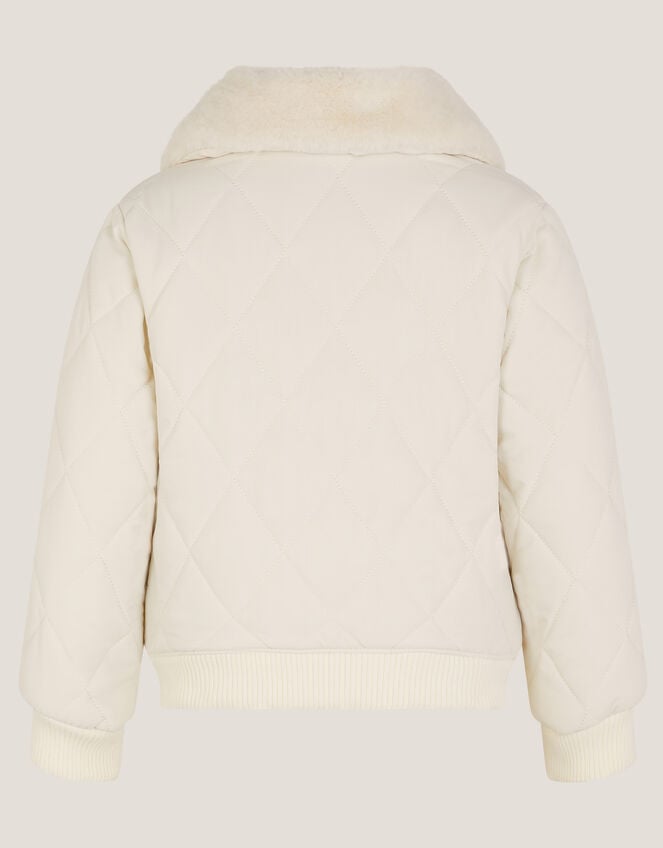 Faux Fur Collar Quilted Bomber Jacket, Cream (CREAM), large