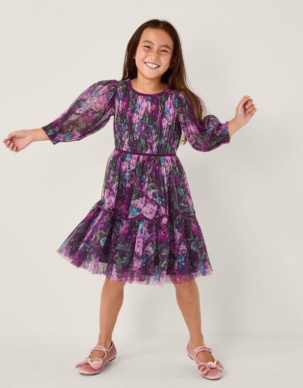 Floral Tulle Party Dress, Purple (PURPLE), large