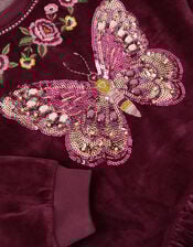 Butterfly Embellished Velour Dress, Red (BURGUNDY), large