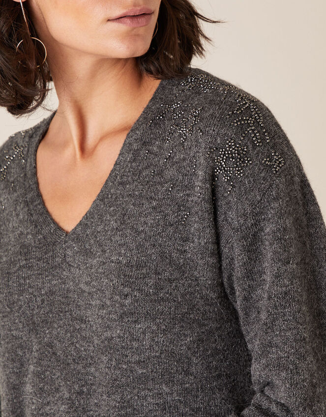Floral Bead Knit Jumper with Recycled Fabric, Grey (CHARCOAL), large
