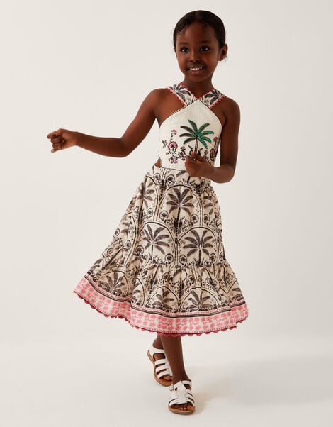 Palm Print Embellished Halter Dress, Ivory (IVORY), large