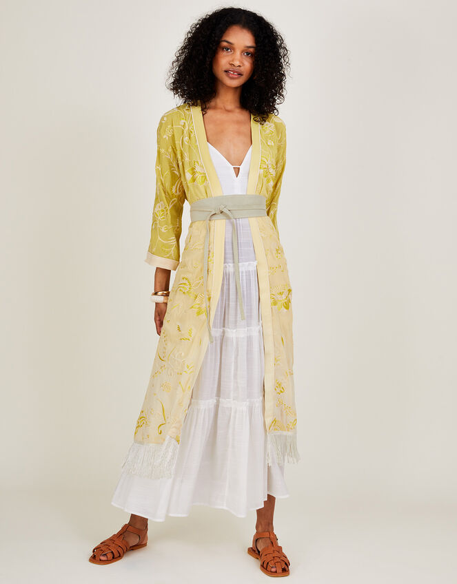 Frankie Fringe Embroidered Kimono, Yellow (YELLOW), large