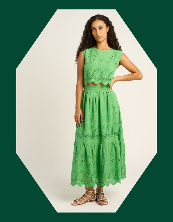 Petite Mendigote Clemence Broderie Tiered Midi Skirt, Green (GREEN), large