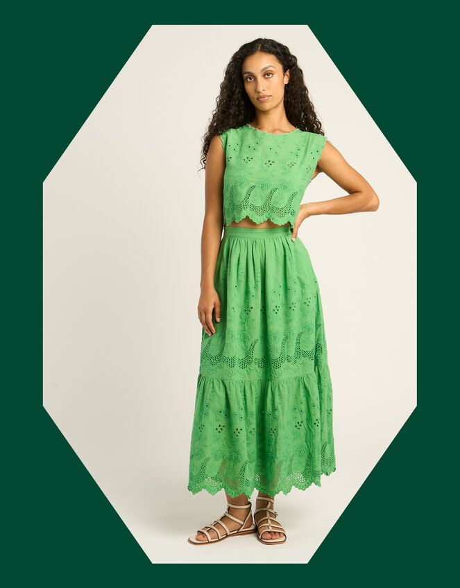 Petite Mendigote Clemence Broderie Tiered Midi Skirt, Green (GREEN), large