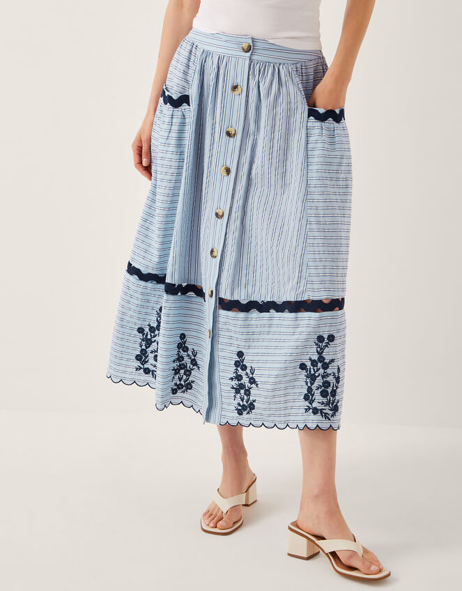 Cara Embroidered Stripe Midi Skirt, Blue (BLUE), large
